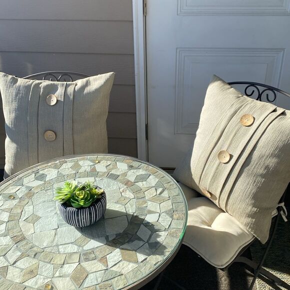 Pier 1 sage color tweed pillow set with wooden button detail - Picture 6 of 11